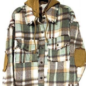 NWOT POL Women's Olive and Brown Plaid Shirt Jacket